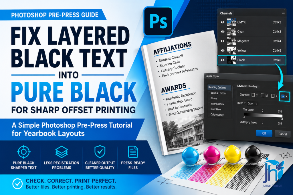 Photoshop pre-press tutorial banner showing how to fix layered black text into pure black for sharp offset printing in yearbook layouts.