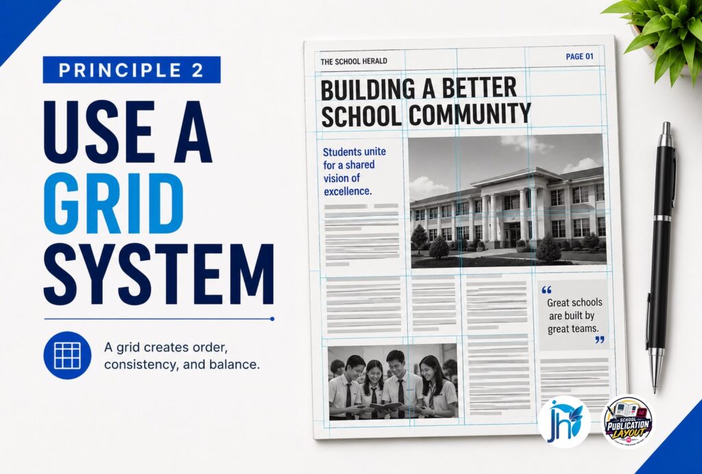 School newspaper grid system showing organized columns, photos, and text