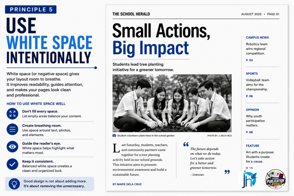School newspaper layout using white space to separate and emphasize content