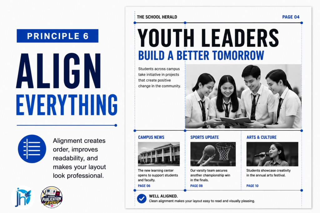 Aligning headlines, photos, columns, and text creates a cleaner and more professional newspaper layout.