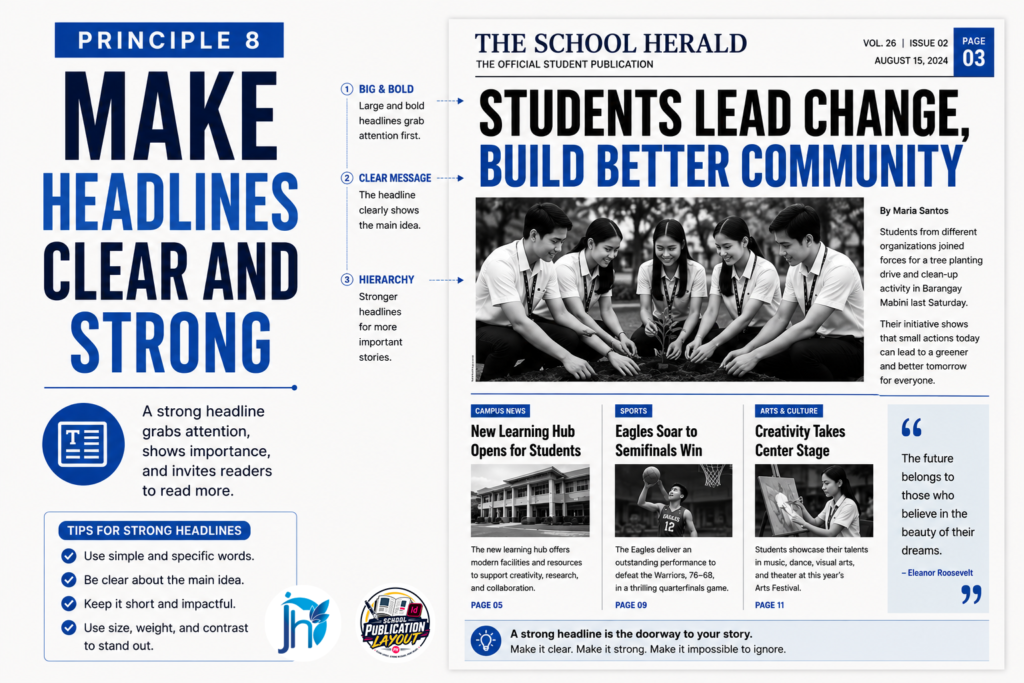 School newspaper layout with a clear, bold headline guiding readers to the main story